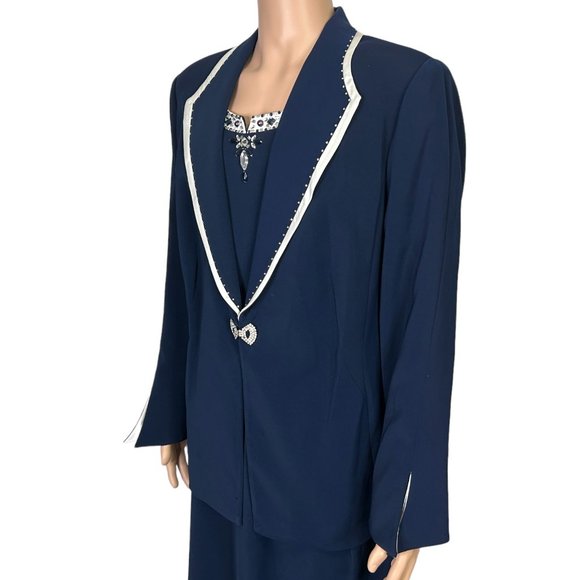 Beu Marc Womens 22 Navy Blue 2 Piece Skirt Suit Rhinestone Beaded Blazer Jacket‎ - Picture 9 of 15